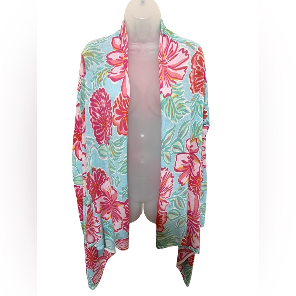 Lilly Pulitzer L/XL Open Swing Cardigan Shawl Swing Teal Pink Draped Jacey - Picture 2 of 11